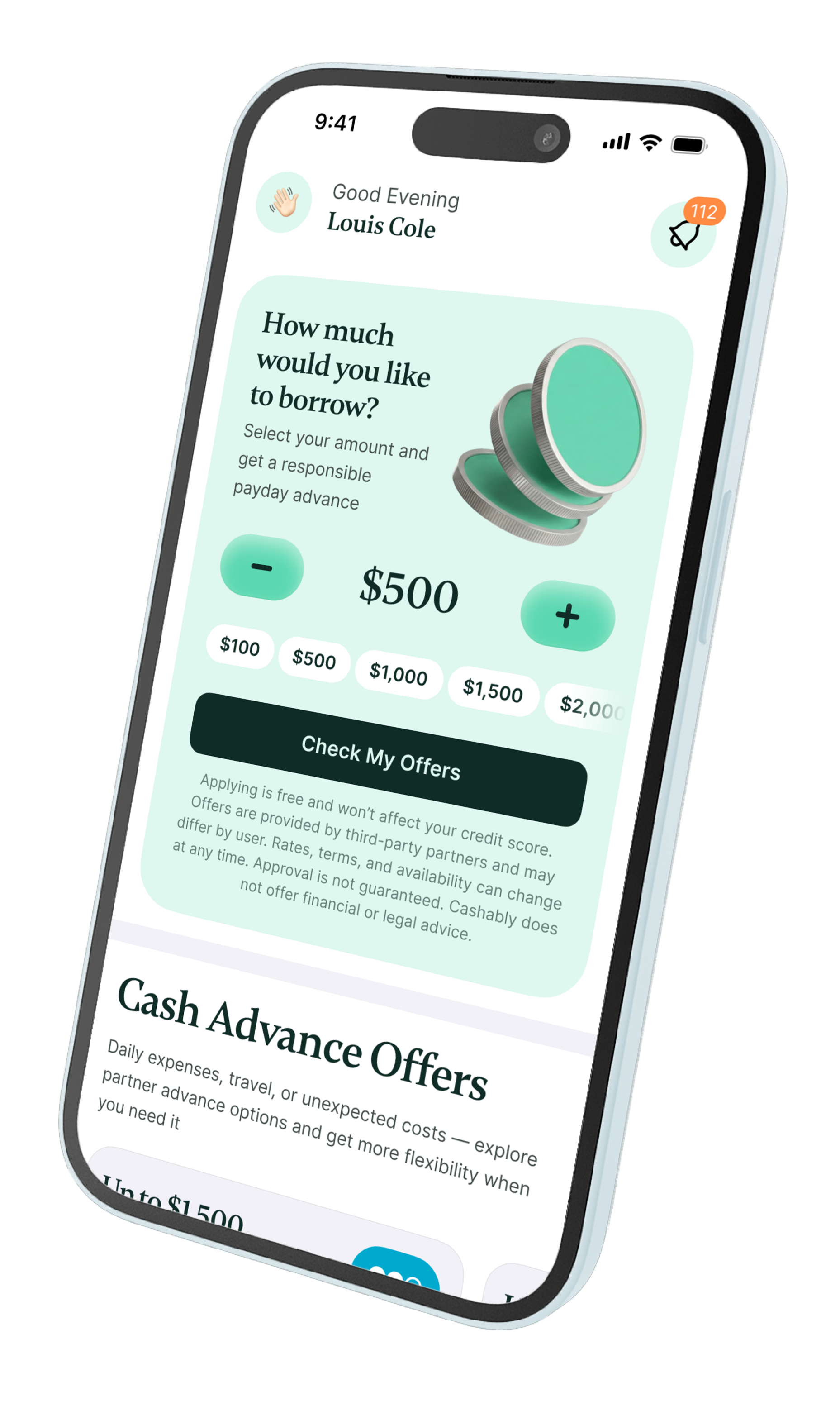 CCFI Cash Advance app home screen